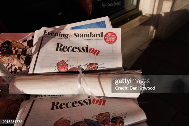 Copy of the Evening Standard with a front page story about the reported Recession on Piccadilly on February 15, 2024 in London, England. Official...