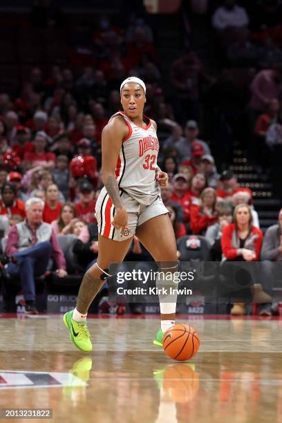 Cotie McMahon of the Ohio State Buckeyes controls the ball during the game against the Nebraska Cornhuskers at Value City Arena on February 14, 2024...