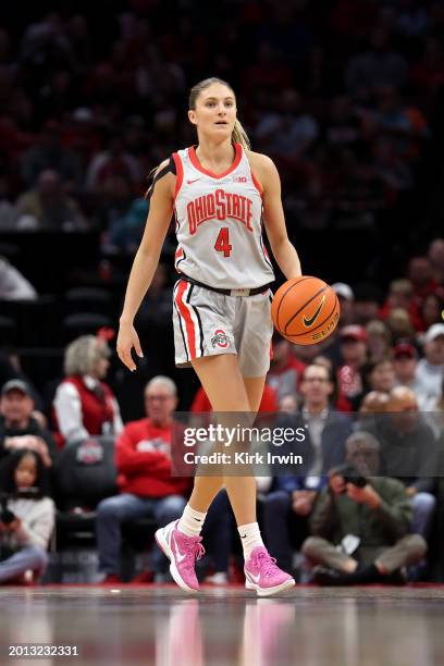 Jacy Sheldon of the Ohio State Buckeyes controls the ball during the game against the Nebraska Cornhuskers at Value City Arena on February 14, 2024...