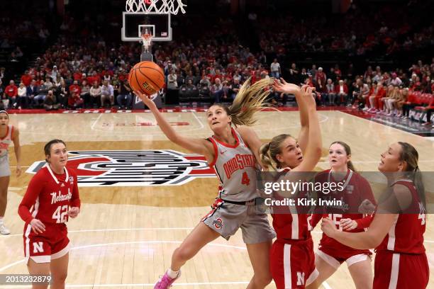 Jacy Sheldon of the Ohio State Buckeyes shoots the ball during the game against the Nebraska Cornhuskers at Value City Arena on February 14, 2024 in...