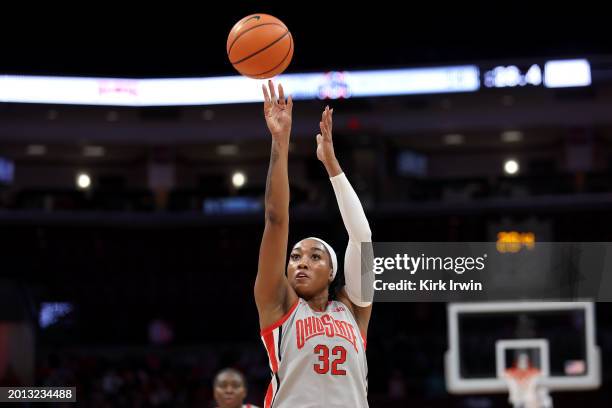 Cotie McMahon of the Ohio State Buckeyes takes a free throw shot during the game against the Nebraska Cornhuskers at Value City Arena on February 14,...