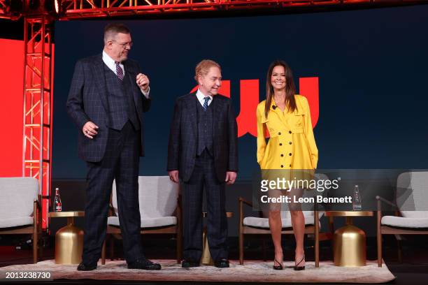 Penn Jillette, Teller and Brook Burke speak onstage at The CW presentation of "Wild Cards" during the 2024 TCA Winter Press Tour at The Langham...