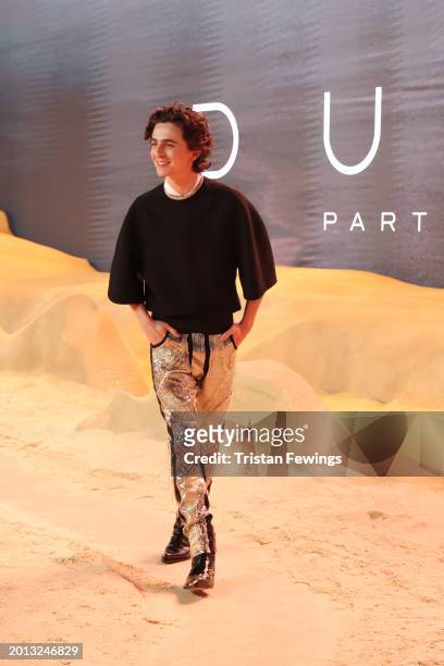 Timothée Chalamet attends the World Premiere of "Dune: Part Two" at Leicester Square on February 15, 2024 in London, England.