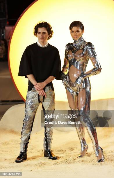 Timothee Chalamet and Zendaya attend the World Premiere of "Dune: Part Two" in Leicester Square on February 15, 2024 in London, England.
