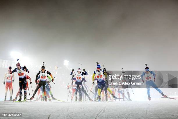 General view during the start of the Single Mixed Relay at the IBU World Championships Biathlon Nove Mesto na Morave on February 15, 2024 in Nove...