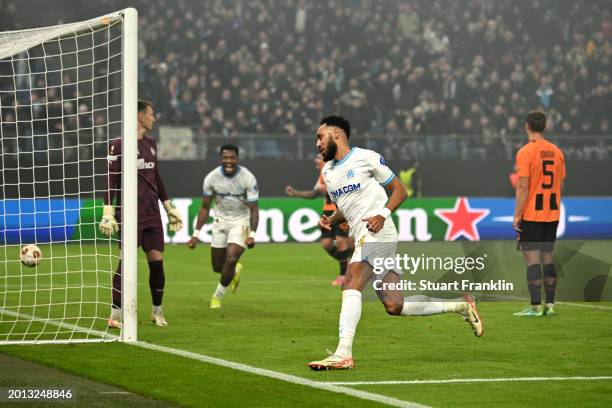 Pierre-Emerick Aubameyang of Marseille celebrates scoring his team's first goal during the UEFA Europa League 2023/24 Knockout Round Play-offs First...
