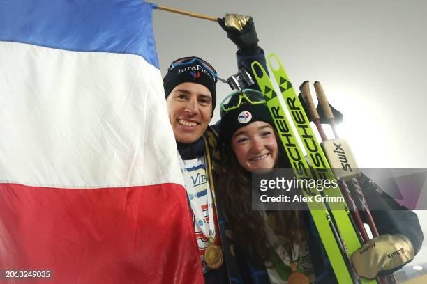 First placed Lou Jeanmonnot and Quentin Fillon Maillet of France celebrate following the Single Mixed Relay at the IBU World Championships Biathlon...