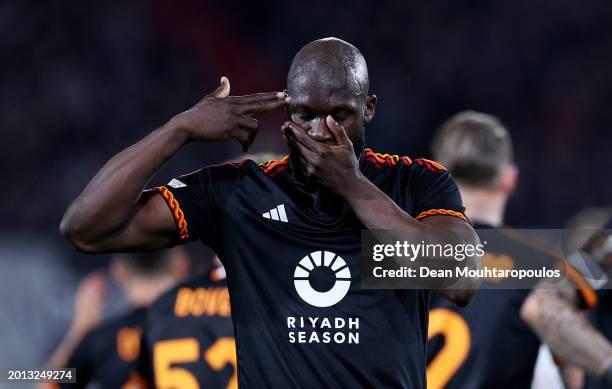 Romelu Lukaku of AS Roma celebrates scoring his team's first goal during the UEFA Europa League 2023/24 Knockout Round Play-offs First Leg match...