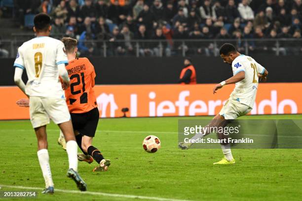 Iliman Ndiaye of Marseille scores his team's second goal during the UEFA Europa League 2023/24 Knockout Round Play-offs First Leg match between FC...