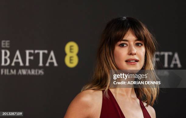 British actress Daisy Edgar Jones poses on the red carpet upon arrival at the BAFTA British Academy Film Awards at the Royal Festival Hall, Southbank...