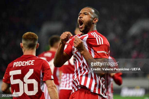 Ayoub El Kaabi of Olympiakos celebrates after scoring his team's first goal during the UEFA Europa Conference League 2023/24 Knockout Round Play-offs...