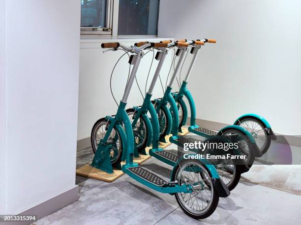 row of scooters - stationery close up stock pictures, royalty-free photos & images
