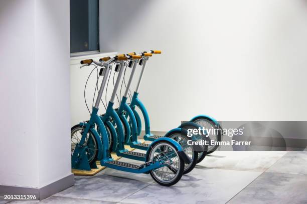 row of scooters - stationery close up stock pictures, royalty-free photos & images