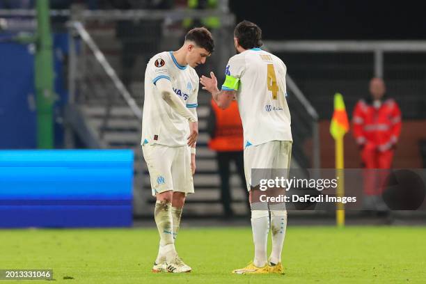 Leonardo Balerdi of Olympique Marseille and Samuel Gigot of Olympique Marseille look dejected during the UEFA Europa League 2023/24 Knockout Round...