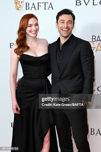 Eleanor Tomlinson and Aidan Turner attend the BAFTA Gala 2024, supported by Bulgari at The Peninsula Hotel on February 15, 2024 in London, England.