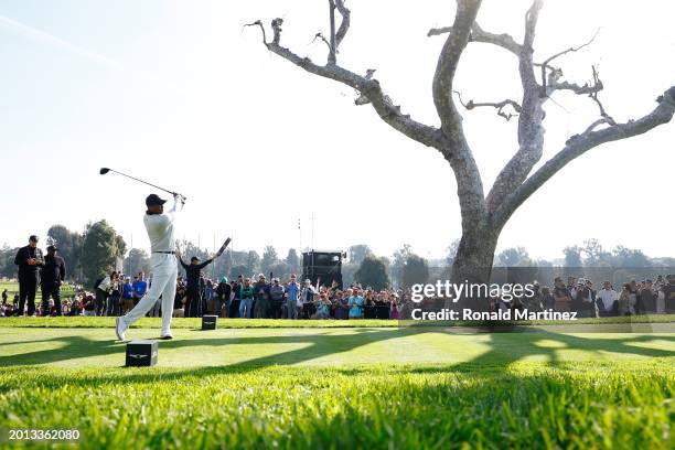 Tiger Woods of the United States plays his shot from the third tee during the first round of The Genesis Invitational at Riviera Country Club on...