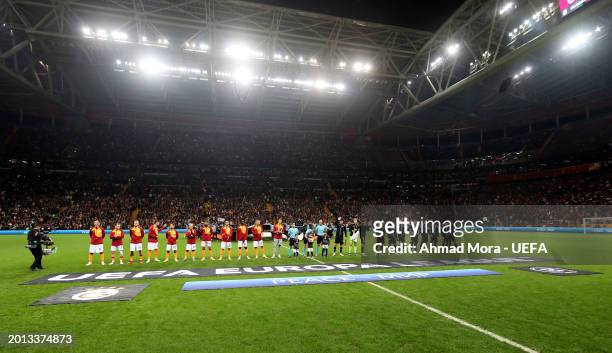 Players of Galatasaray and Sparta Prague line-up prior to the UEFA Europa League 2023/24 Knockout Round Play-offs First Leg match between Galatasaray...