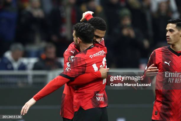 Ruben Loftus-Cheek of AC Milan celebrates with teammate Alessandro Florenzi after scoring his team's first goal during the UEFA Europa League 2023/24...