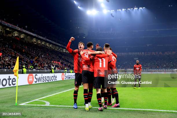 Ruben Loftus-Cheek of AC Milan celebrates his goal with his team-mates during the UEFA Europa League 2023/24 Knockout Round Play-offs First Leg match...