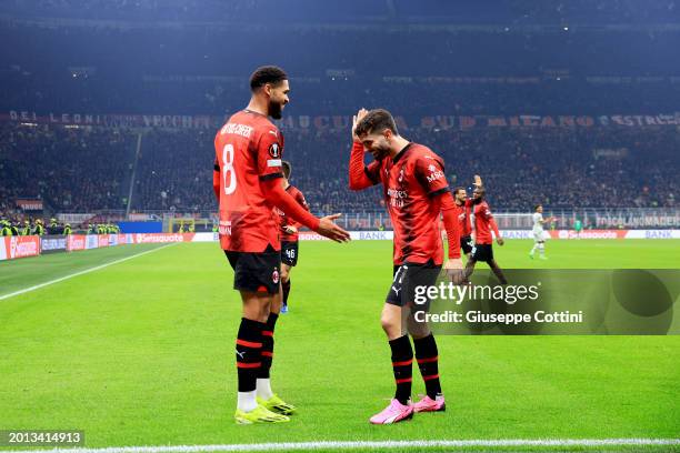 Ruben Loftus-Cheek of AC Milan celebrates with Christian Pulisic after scoring the his team's firs goal during the UEFA Europa League 2023/24...