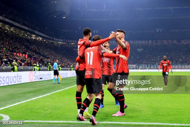 Ruben Loftus-Cheek of AC Milan celebrates his goal with his team-mates during the UEFA Europa League 2023/24 Knockout Round Play-offs First Leg match...