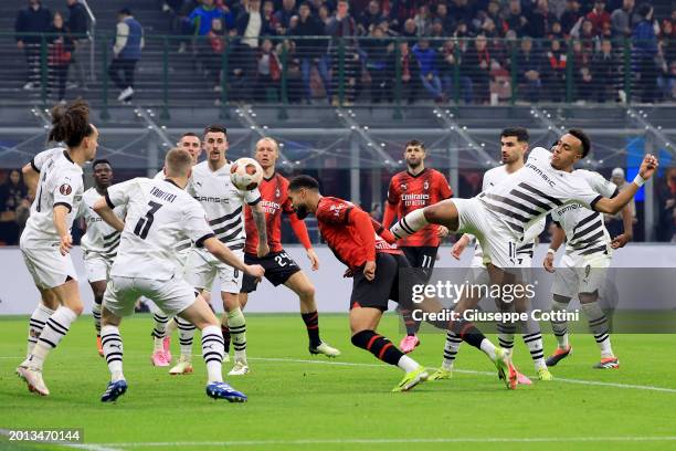 Ruben Loftus-Cheek of AC Milan scores his team's second goal during the UEFA Europa League 2023/24 Knockout Round Play-offs First Leg match between...