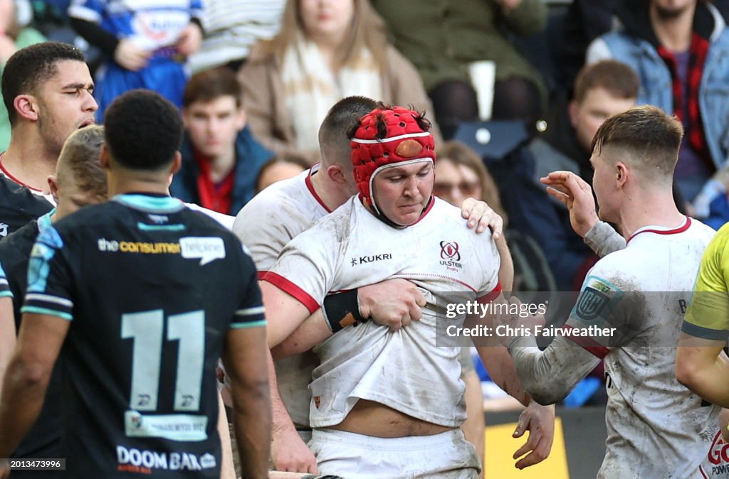 Ulster Rugby Rugby Ruck Wales , United Kingdom - 18 February 2024; Tom Stewart of Ulster ...