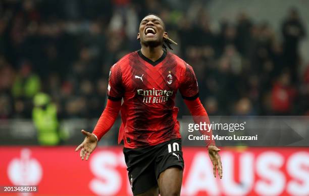 Rafael Leao of AC Milan celebrates after scoring his team's third goal during the UEFA Europa League 2023/24 Knockout Round Play-offs First Leg match...