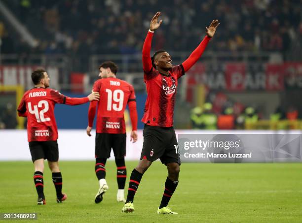 Rafael Leao of AC Milan celebrates after scoring his team's third goal during the UEFA Europa League 2023/24 Knockout Round Play-offs First Leg match...