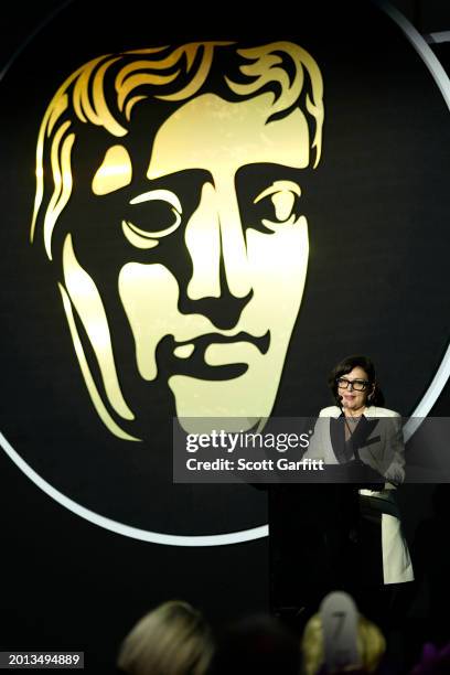Bafta CEO Jane Millichip onstage at the BAFTA Gala 2024, supported by Bulgari at The Peninsula Hotel on February 15, 2024 in London, England.