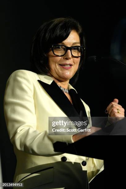 Bafta CEO Jane Millichip onstage at the BAFTA Gala 2024, supported by Bulgari at The Peninsula Hotel on February 15, 2024 in London, England.