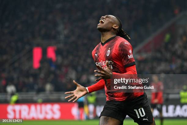 Rafael Leao of AC Milan celebrates a third goal during the UEFA Europa League 2023/24 Knockout Round Play-offs First Leg match between AC Milan and...