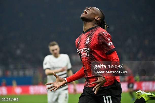 Rafael Leao of AC Milan celebrates a third goal during the UEFA Europa League 2023/24 Knockout Round Play-offs First Leg match between AC Milan and...