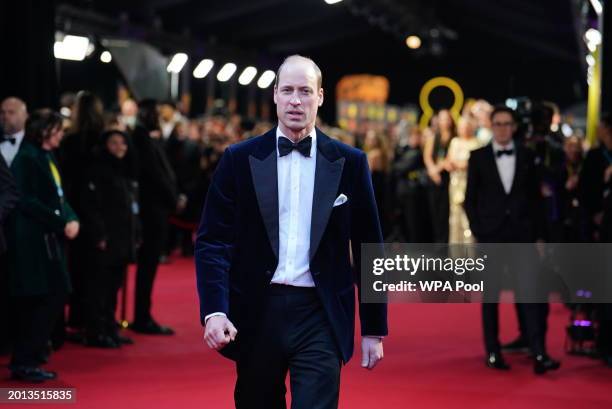 Prince William, Prince of Wales, president of Bafta attends the Bafta Film Awards 2024 at the Royal Festival Hall, Southbank Centre on February 18,...