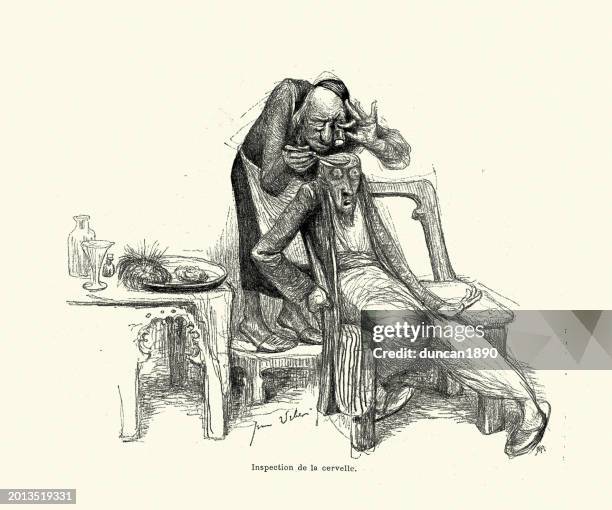 ilustraciones, imágenes clip art, dibujos animados e iconos de stock de horror, científico loco inspeccionando el cerebro de un hombre, cuentos de las diez mil y dos noches de félix duquesnel, - cerebro animal