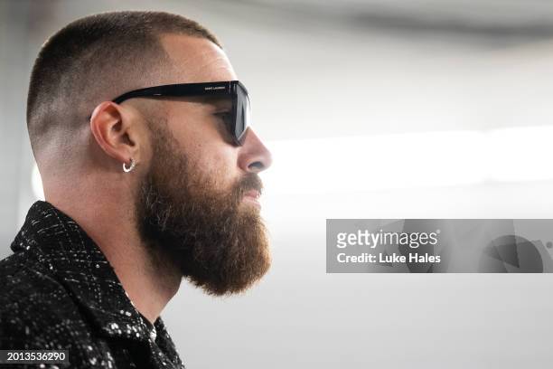Tight end Travis Kelce of the Kansas City Chiefs arrives prior to Super Bowl LVIII against the San Francisco 49ers at Allegiant Stadium on February...