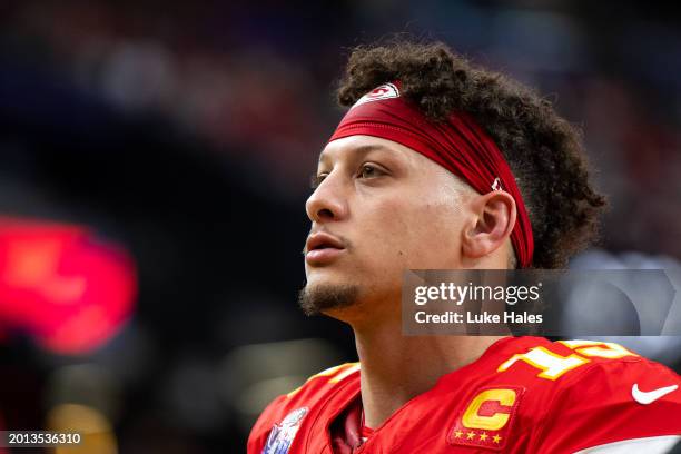 Quarterback Patrick Mahomes of the Kansas City Chiefs looks on prior to Super Bowl LVIII against the San Francisco 49ers at Allegiant Stadium on...