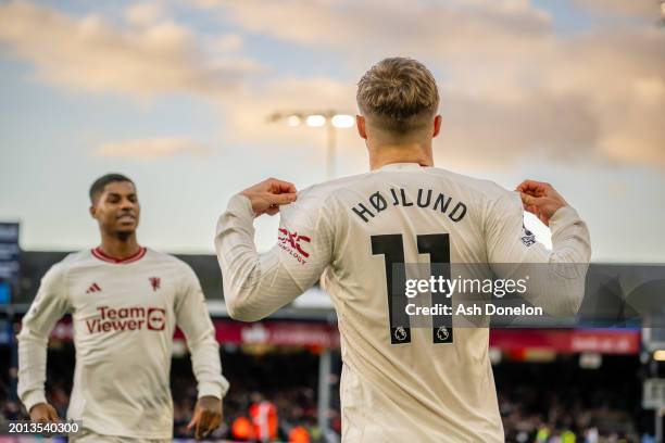 Rasmus Hojlund of Manchester United celebrates scoring a goal to make the score 0-1 during the Premier League match between Luton Town and Manchester...