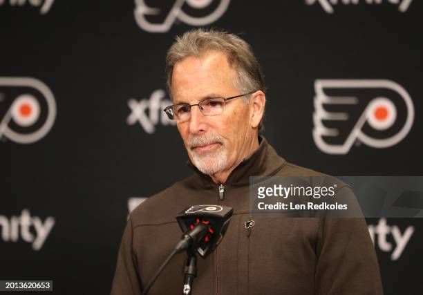 Head Coach of the Philadelphia Flyers John Tortorella speaks during a press conference after his team defeated the Seattle Kraken 3-2 at the Wells...