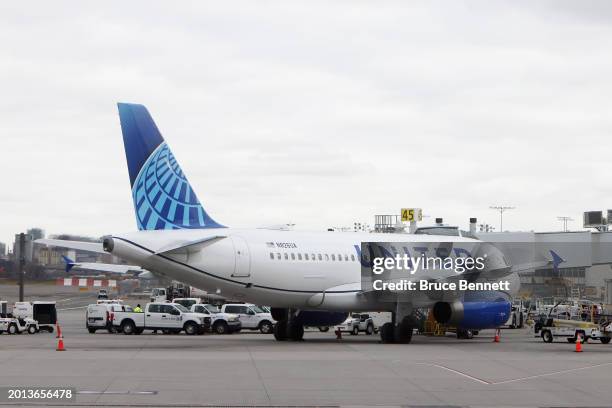 General view of a United Airlines jet photographed at LaGuardia Airport on February 4, 2024 in the Queens borough of New York City, United States.