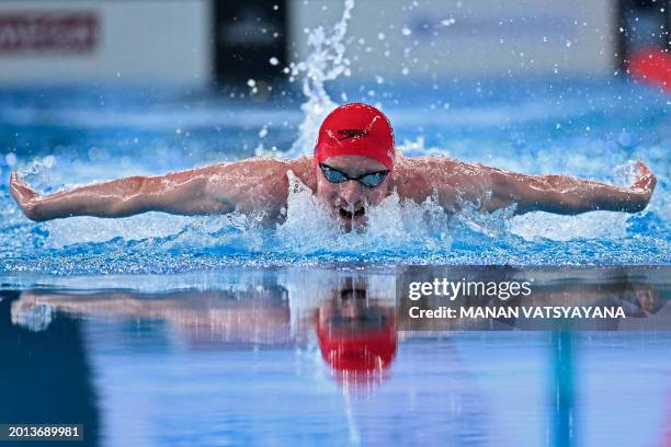 Britain's Max Litchfield competes in the final of the men's 400m individual medley swimming event during the 2024 World Aquatics Championships at...