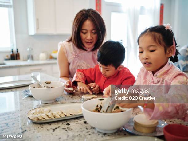 chinese family making jiaozi dumplings - dumpling stock pictures, royalty-free photos & images