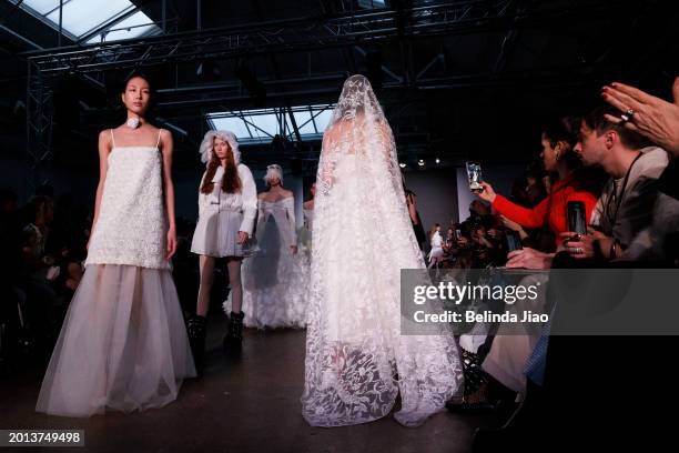 Models walks the runway during the Fashion Scout show during London Fashion Week February 2024 at Protein Studios on February 18, 2024 in London,...