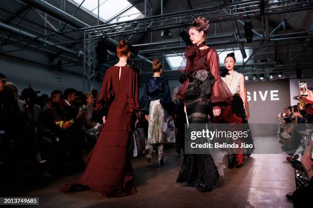 Models walks the runway during the Fashion Scout show during London Fashion Week February 2024 at Protein Studios on February 18, 2024 in London,...