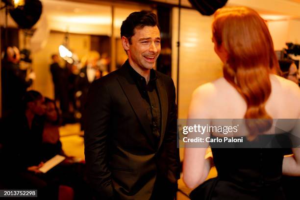 Aidan Turner and Eleanor Tomlinson attend the BAFTA Gala 2024, supported by Bulgari at The Peninsula Hotel on February 15, 2024 in London, England.