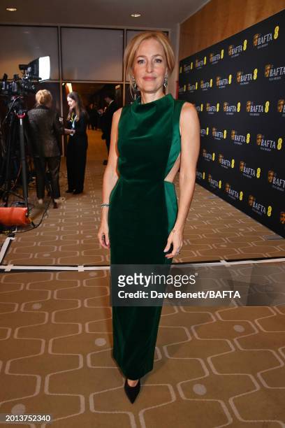 Gillian Anderson poses backstage during the EE BAFTA Film Awards 2024 at The Royal Festival Hall on February 18, 2024 in London, England.