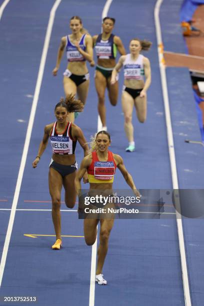 Laviai Nielsen is winning the 400m ahead of her sister Lina Nielsen during the UK Indoor Athletics Championships at the Utilita Arena in Birmingham,...