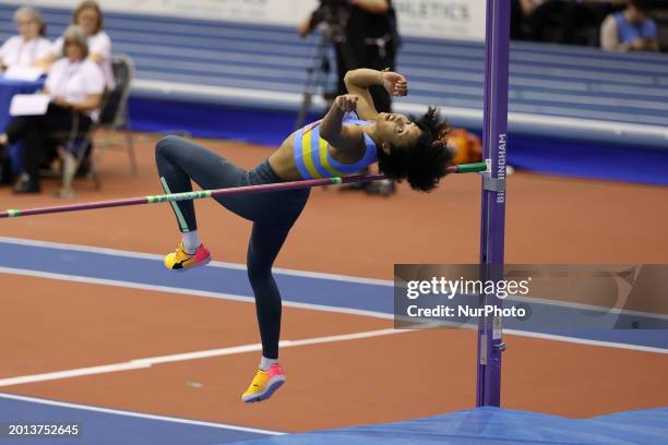 Morgan Lake is winning the high jump at the UK Indoor Athletics Championships at the Utilita Arena in Birmingham, UK, on February 18, 2024.