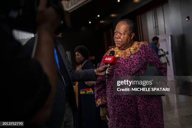 South African Minister of International Relations and Cooperation Naledi Pandor speaks with the press during the second day of the 37th Ordinary...