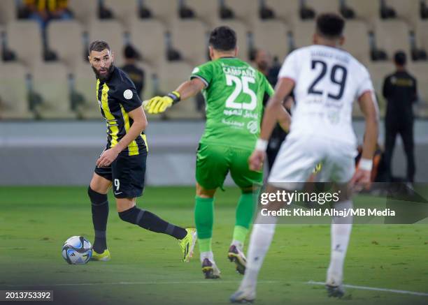 Karim Benzema of Al-Ittihad in possession during the Saudi Pro League match between Al-Ittihad and Al-Riyadh at Prince Abdullah Al Faisal Stadium on...